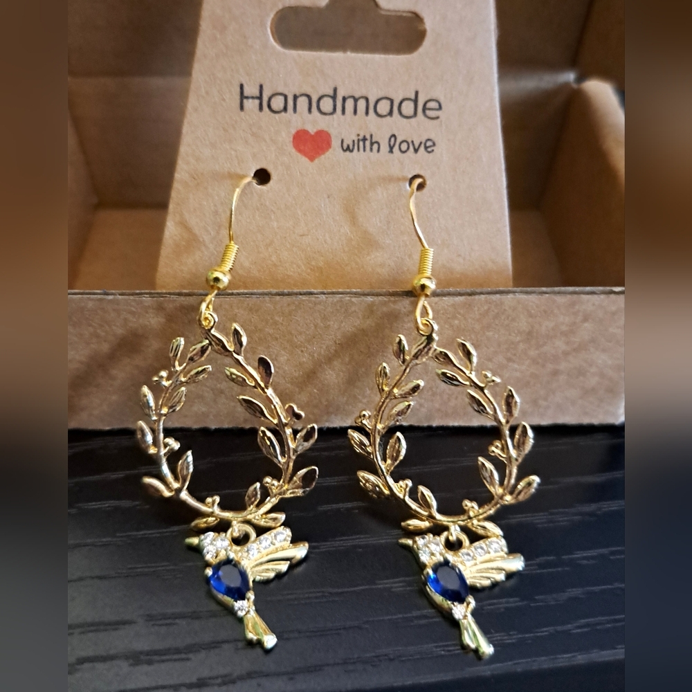 Peace Symbol 18K Gold & Blue Cubic Zirconia Dove & Olive Branch Earrings